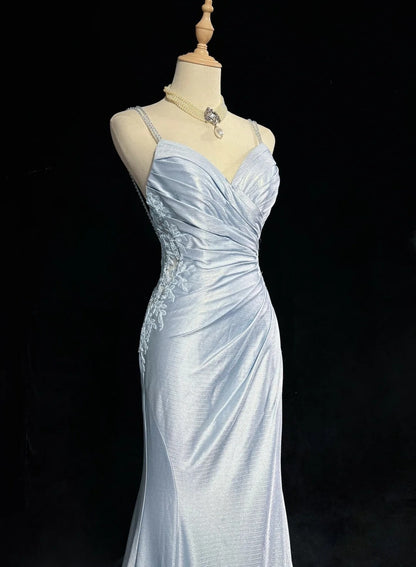 Modest Prom Dresses Mermaid Spaghetti Strap Light Sky Blue With Applique Formal Outfits N3690