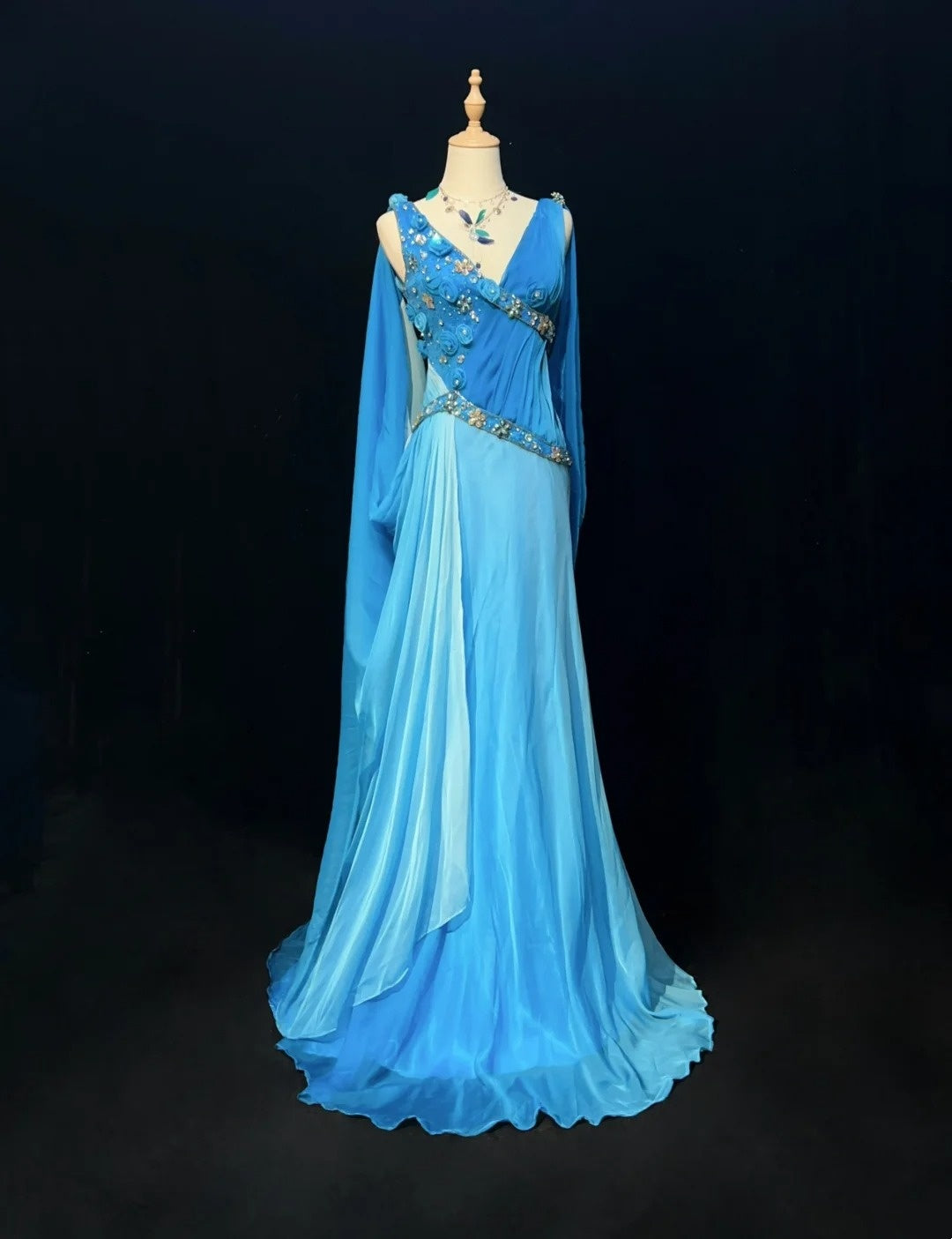Vintage Prom Dresses Inspo Mermaid V Neck Royal Blue Chiffon With Flowers Beads 80s Long Formal Gown N2743