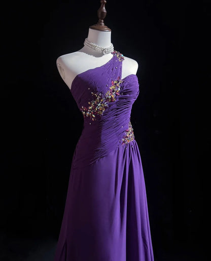 Vintage Prom Dresses A line One Shoulder Purple Chiffon 80s With Beaded Long Formal Evening Outfits N3889