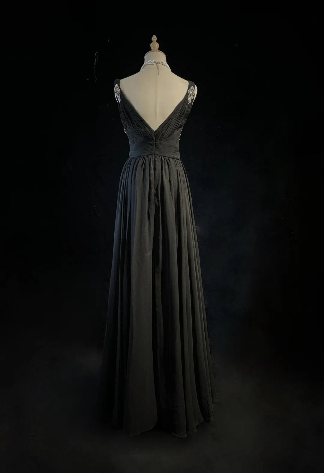 Vintage Prom Dresses A line V Neck Black Tie Chiffon 80s With Beading Long Formal Evening Outfits N4221