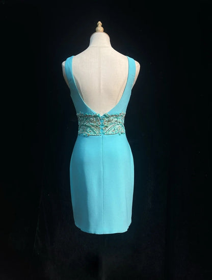 Pretty Sheath Scoop Light Blue Satin Short Mini Homecoming Dresses Hoco Gowns N2441