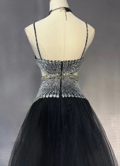 Vintage Prom Dresses Inspo Ball Gown Halter Drop Waist 90s Tulle Black Tie Dress With Beading For Women Formal Gowns N3306