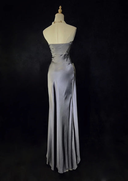 Modest Prom Dresses Mermaid Spaghetti Strap Grey Satin Long Evening Outfits N3471