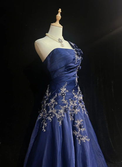 Navy Blue Prom Dress Inspo Mermaid One Shoulder Lace Satin 18th Birthday Outfits Formal Party Gown RC0116