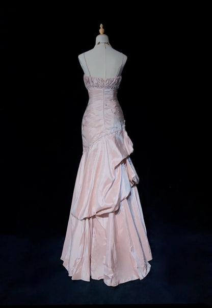 Vintage Prom Dresses Mermaid Spaghetti Strap Taffeta Light Pink With Silver Beads 1950s Long Formal Gown N2597