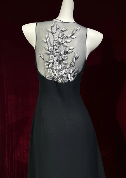 Vintage Prom Dresses A Line V Neck Black Chiffon With Embroidery 2000s Long Party Evening Formal Gown RC1149