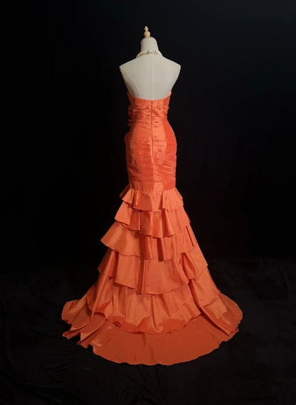 Vintage Prom Dresses Mermaid High Low Sweetheart Orange With Layered Tiered 80s Long Formal Gown N2731