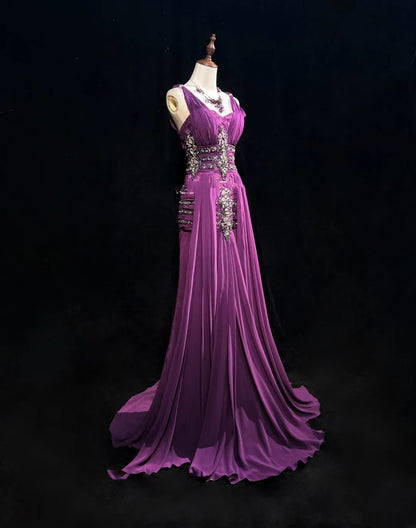 Vintage Prom Dresses A Line V Neck Purple Chiffon With Beading Folds Long Formal Dress N2460