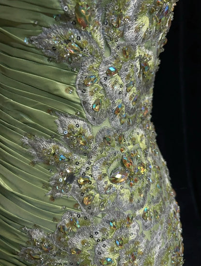 Vintage Prom Dresses Mermaid Spaghetti Strap Sage Green With Appliques 80s Long Formal Gown N2728