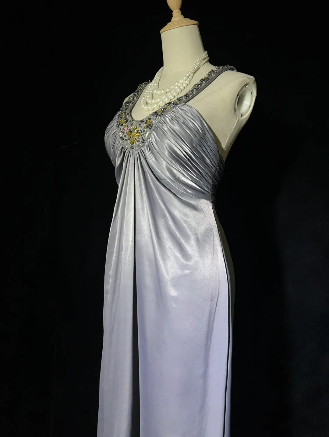 Vintage Prom Dresses Inspo A Line Halter Grey Long 1990s With Gold Beading Formal Gowns N3326