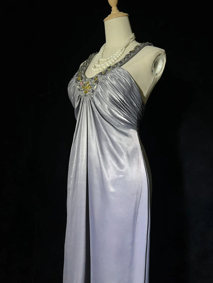Vintage Prom Dresses Inspo A Line Halter Grey Long 1990s With Gold Beading Formal Gowns N3326