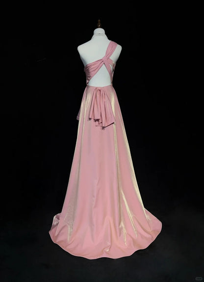 Vintage Prom Dresses 1960s A Line One Shoulder Pink High Low Satin Prom Gown N3101