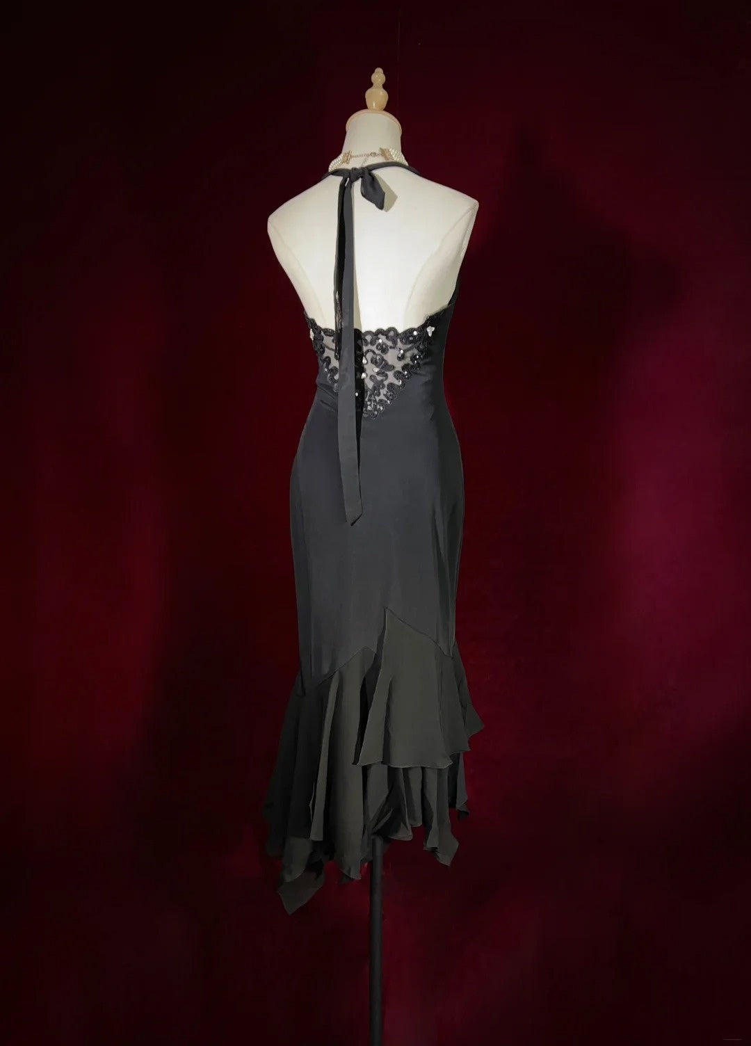 Vintage Prom Dresses Mermaid Halter Black Chiffon Tea Length Sleeveless 1980s Formal Dress N2869