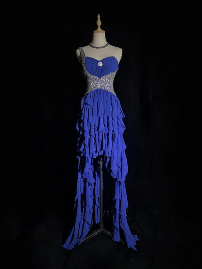 Elegant Prom Dresses A line High Low One Shoulder Royal Blue Chiffon With Beading Sleeveless Long Formal Gown N2881