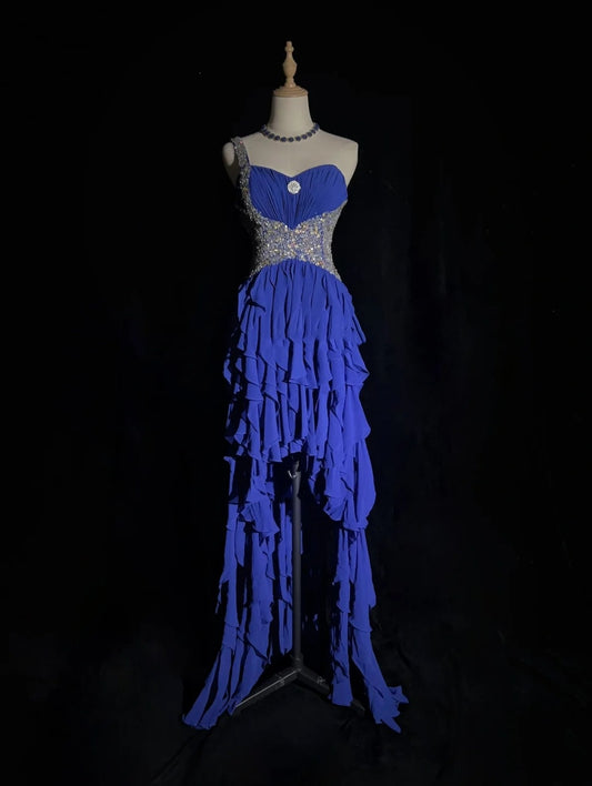 Elegant Prom Dresses A line High Low One Shoulder Royal Blue Chiffon With Beading Sleeveless Long Formal Gown N2881