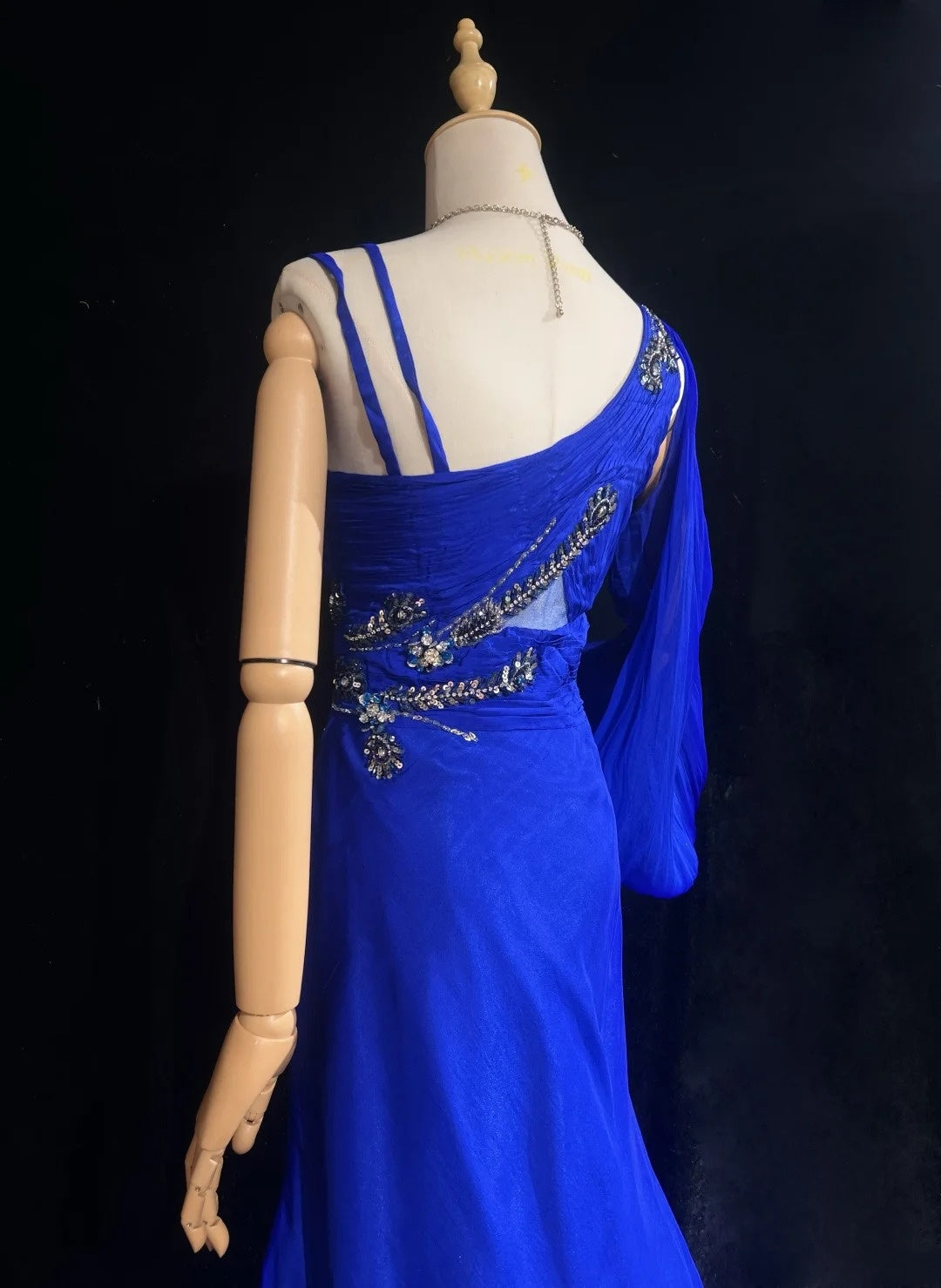 Vintage Prom Dresses Inspo Mermaid One Shoulder Royal Blue With Long Sleeve Beads 80s Long Formal Gown N2740