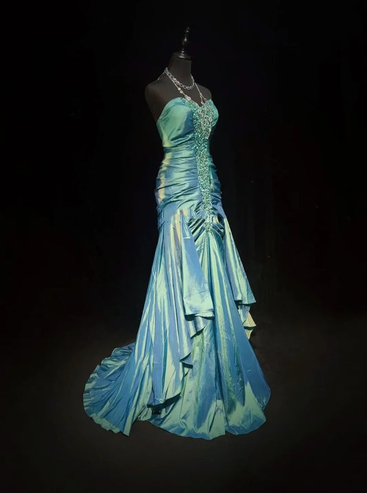 Elegant Prom Dresses Mermaid Sweetheart Green Taffeta With Beaded Sleeveless Long Formal Gown N2896