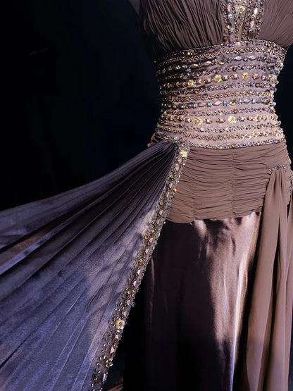 Vintage Prom Dresses Mermaid Chocolate Chiffon V Neck With Beading Long Formal Dress N2453