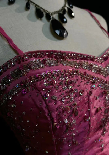Vintage Prom Dresses A line Spaghetti Strap Taffeta Pink With Silver Beads 1950s Long Formal Gown N2595