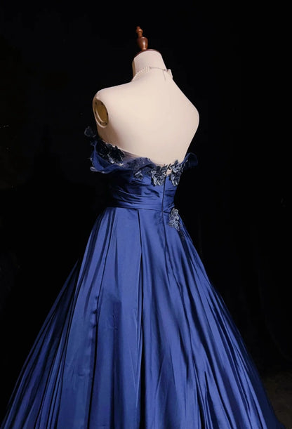 Vintage Prom Dresses Ball Gown Sweetheart Navy Blue Satin With Applique 90s Long Formal Evening Gown N2658