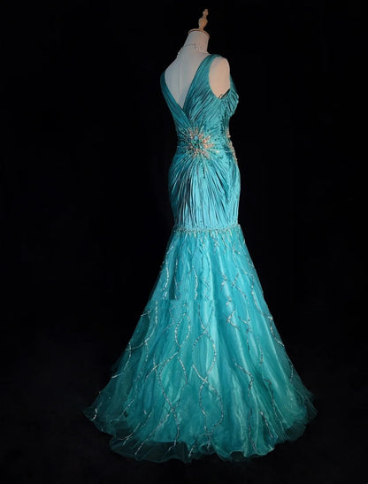 Modest Prom Dresses Inspo Mermaid V Neck Blue With Ruffled Beading For Women Formal Dress N3234