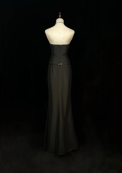 Vintage Prom Dresses Mermaid Sweetheart Black Tie Gown 80s Satin Evening Formal Dress RB3263