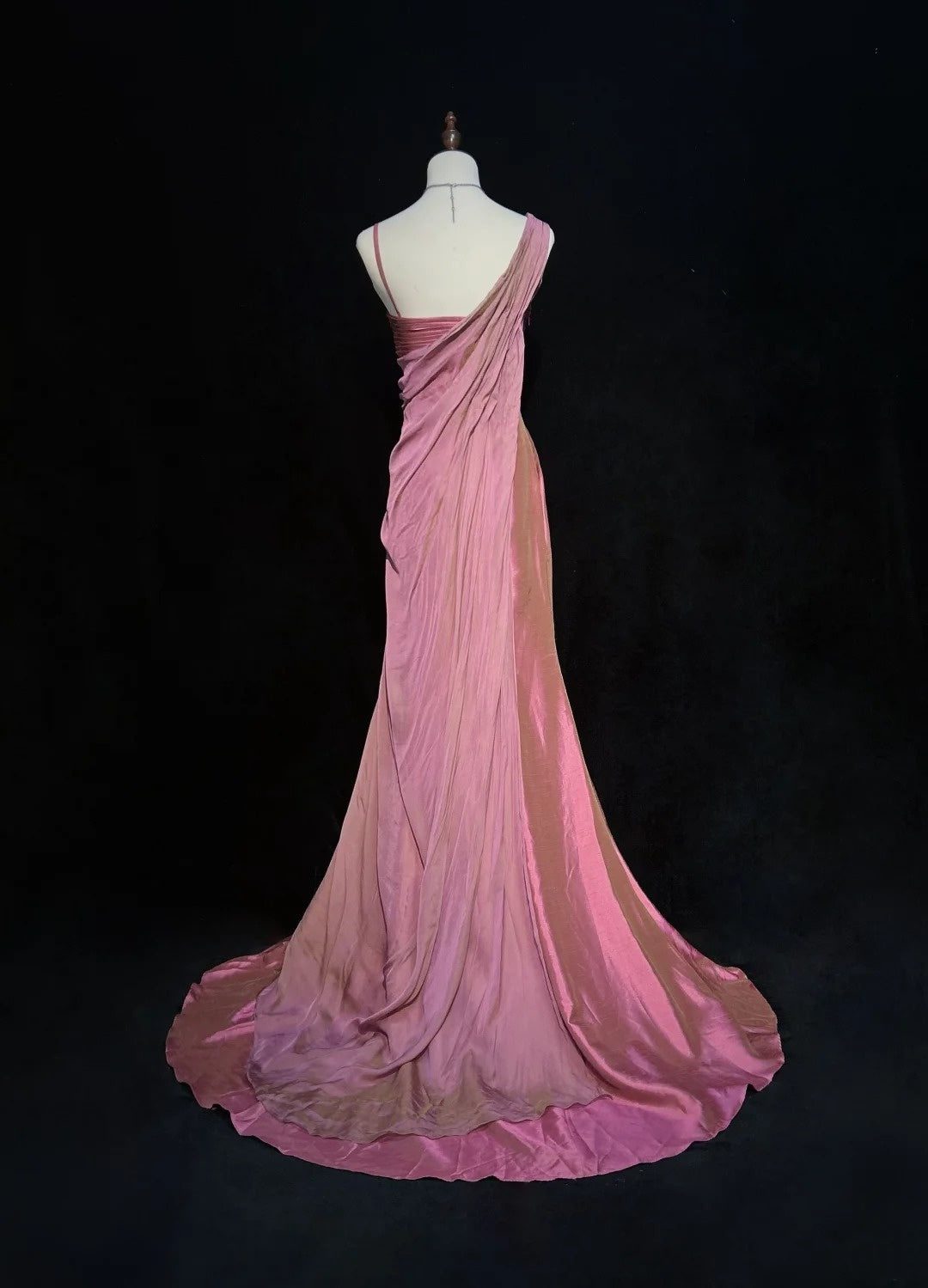 Vintage Prom Dresses 1960s Mermaid Asymmetrical Shoulder Straps Chiffon Pink With Ruffled Long Prom Gown N3095