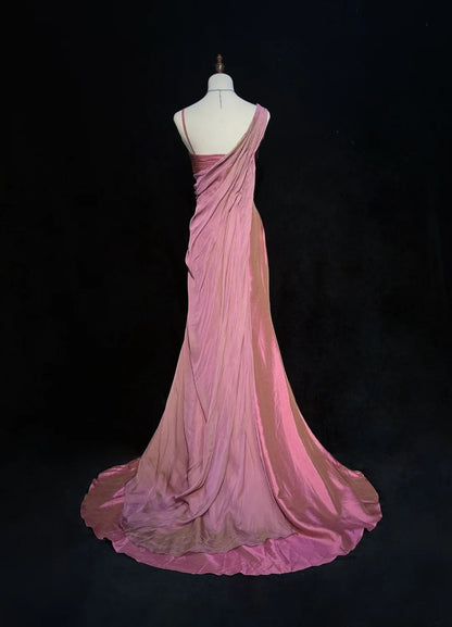 Vintage Prom Dresses 1960s Mermaid Asymmetrical Shoulder Straps Chiffon Pink With Ruffled Long Prom Gown N3095