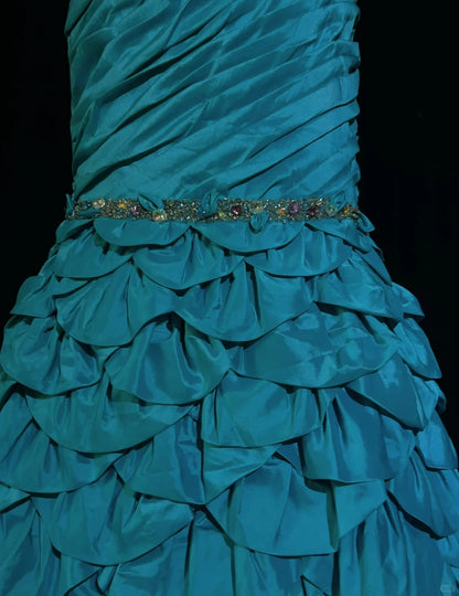 Vintage Prom Dresses Mermaid One Shoulder Retro Style Blue Taffeta With Beaded 90s Long Evening Gown N2905