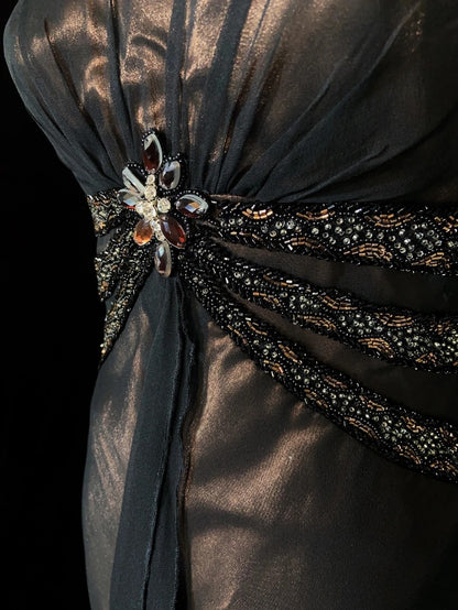 Vintage Prom Dresses Spaghetti Strap Mermaid Brown Satin Black Chiffon Long Formal Evening Outfits N3861