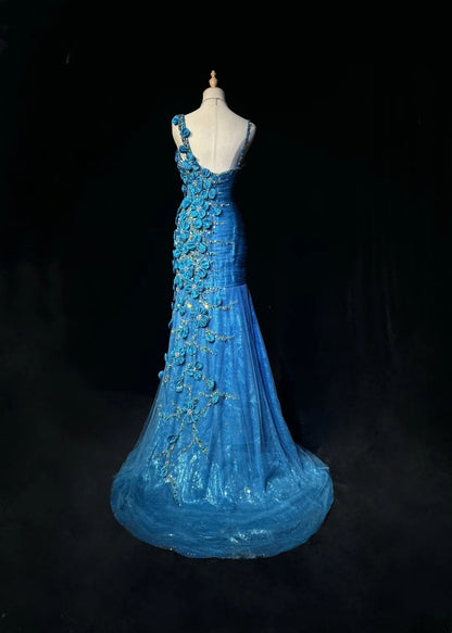 Vintage 1980s Prom Dresses Mermaid Irregular Shoulder Strap Royal Blue Sequin Long Formal Party Dress N2537
