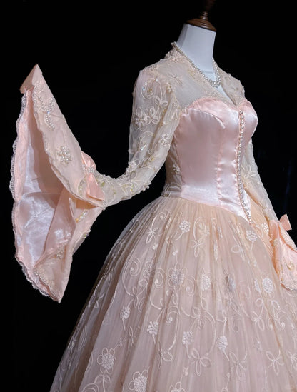 Princess Prom Dresses Ball Gown V Neck Pink Lace With Long Sleeves With Pearls Formal Evening Outfits N3878