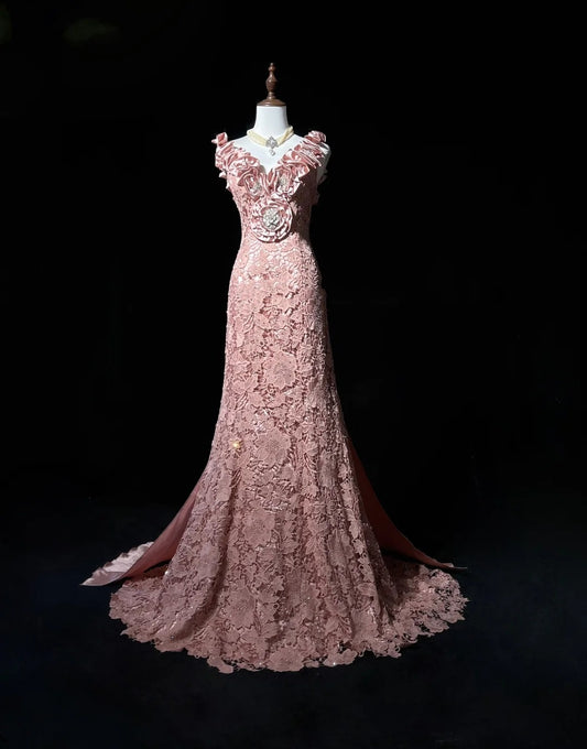 Vintage Prom Dresses Mermaid V Neck Pink Lace With 3d Flowers 1950s Long Formal Gown N2594