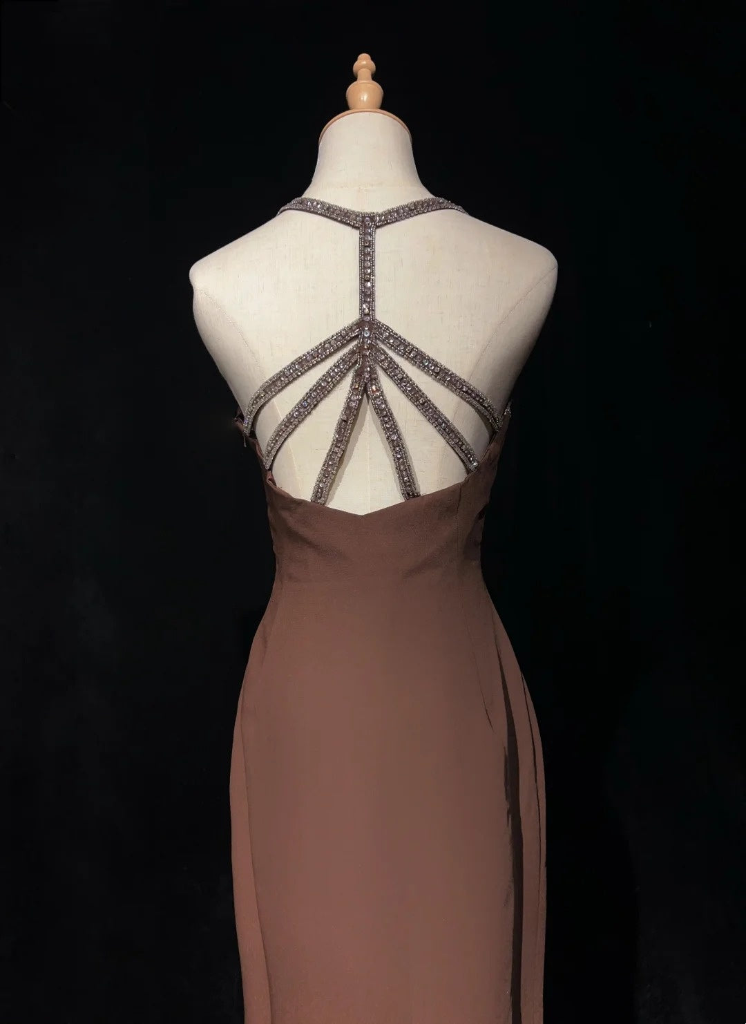 Vintage Prom Dresses A line Spaghetti Strap Brown Chiffon Long 70s Formal Gown N2578