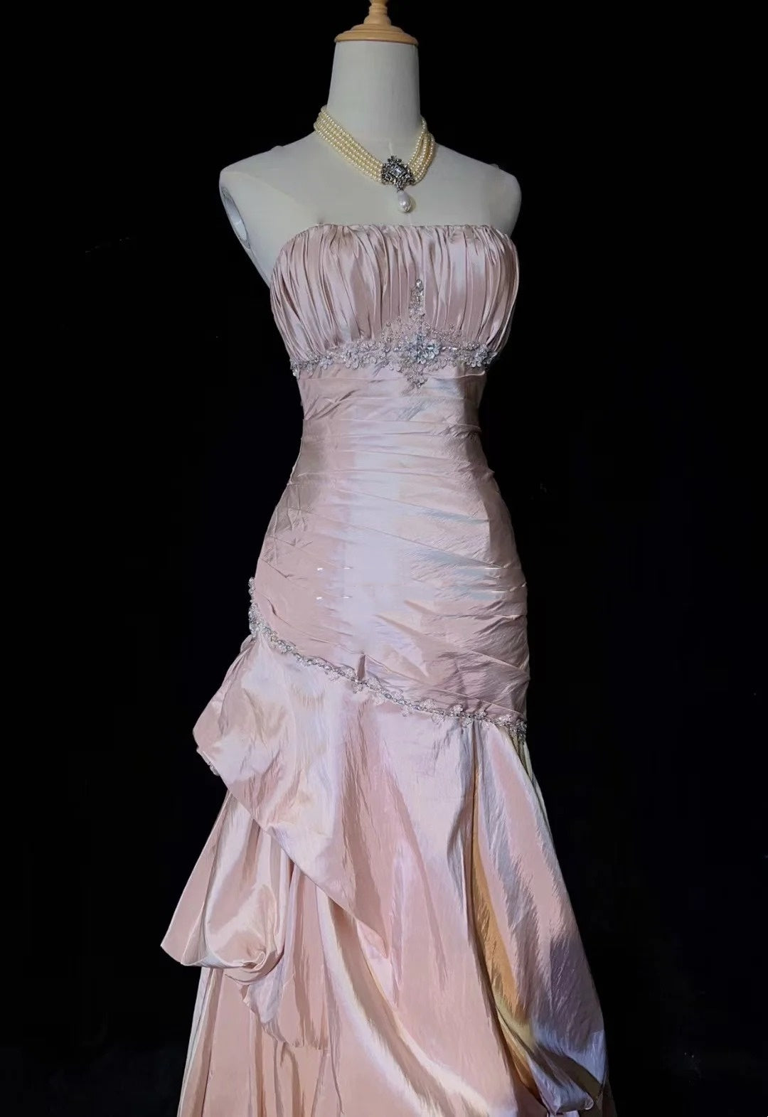 Vintage Prom Dresses Mermaid Spaghetti Strap Taffeta Light Pink With Silver Beads 1950s Long Formal Gown N2597