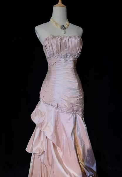 Vintage Prom Dresses Mermaid Spaghetti Strap Taffeta Light Pink With Silver Beads 1950s Long Formal Gown N2597
