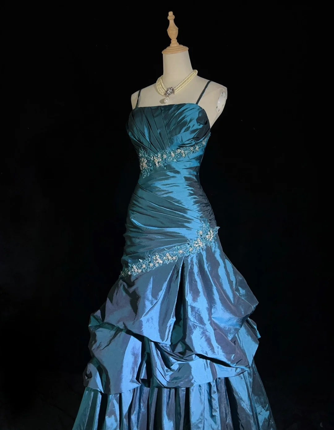 Vintage Prom Dresses Ball Gown Spaghetti Strap Teal Blue Sleeveless Taffeta 90s Long Formal Gown N2893