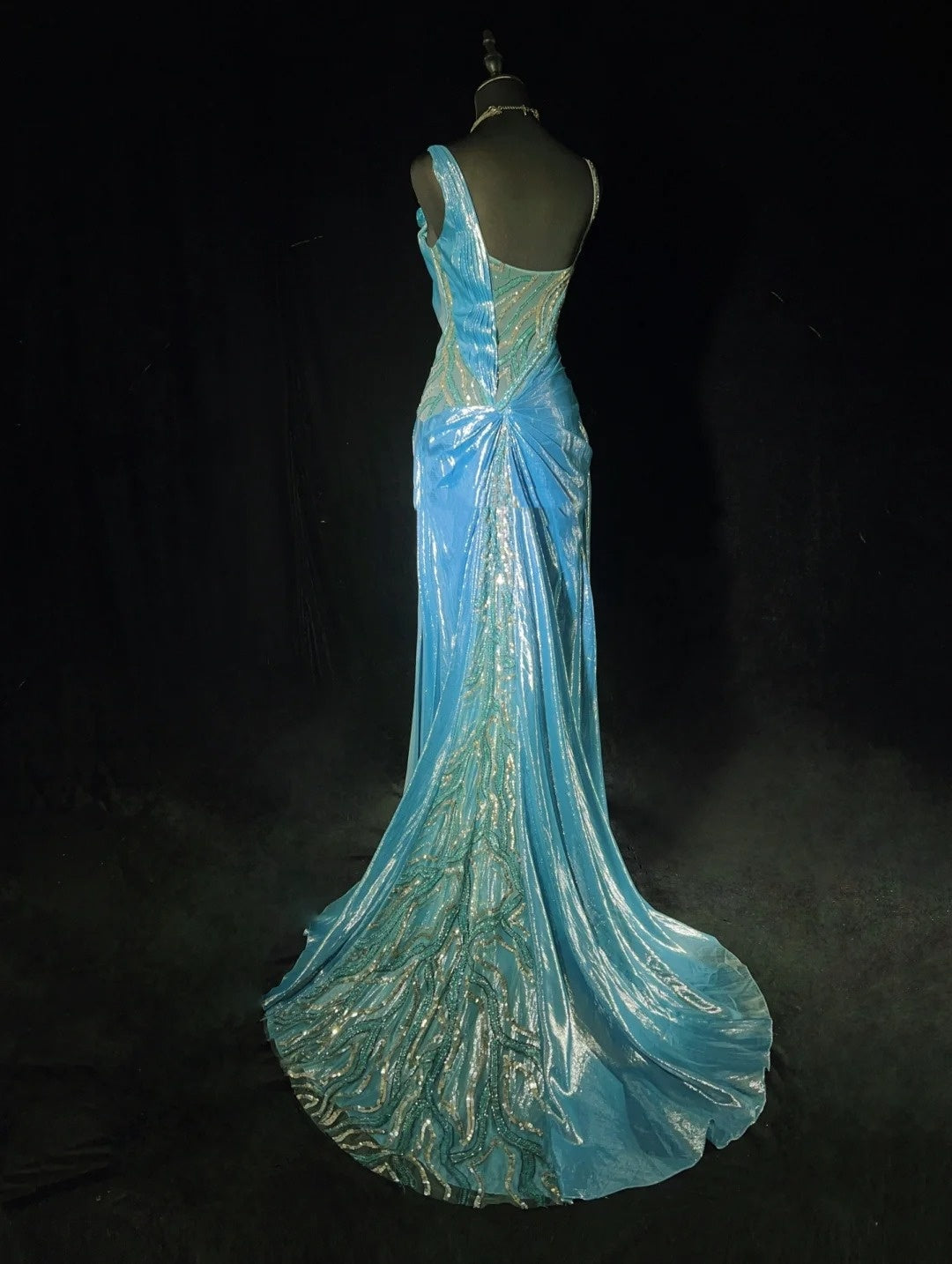 Vintage Prom Dresses Inspo Mermaid Straps Blue Sequined Long 1990s With Flower Formal Gowns N3355