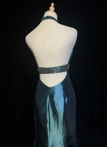 Vintage Prom Dresses Mermaid Halter V Neck Navy Blue Backless 1990s Long Formal Evening Gown N2642