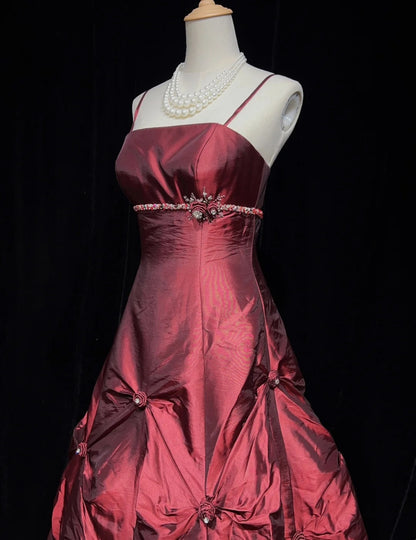 Modest Prom Dresses Ball Gown Spaghetti Strap Burgundy Satin Sweet 16 Dress Formal Evening Outfits N3614