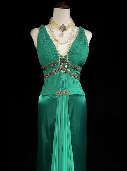 Vintage Prom Dresses Mermaid V Neck Green Chiffon With Ruffles Backless Long Formal Dress N2512