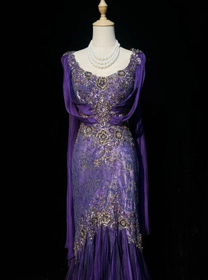 Purple Prom Dress Inspo Mermaid Square Neck Chiffon With Gold Beaded Birthday Outfits Formal Party Gown RC0129