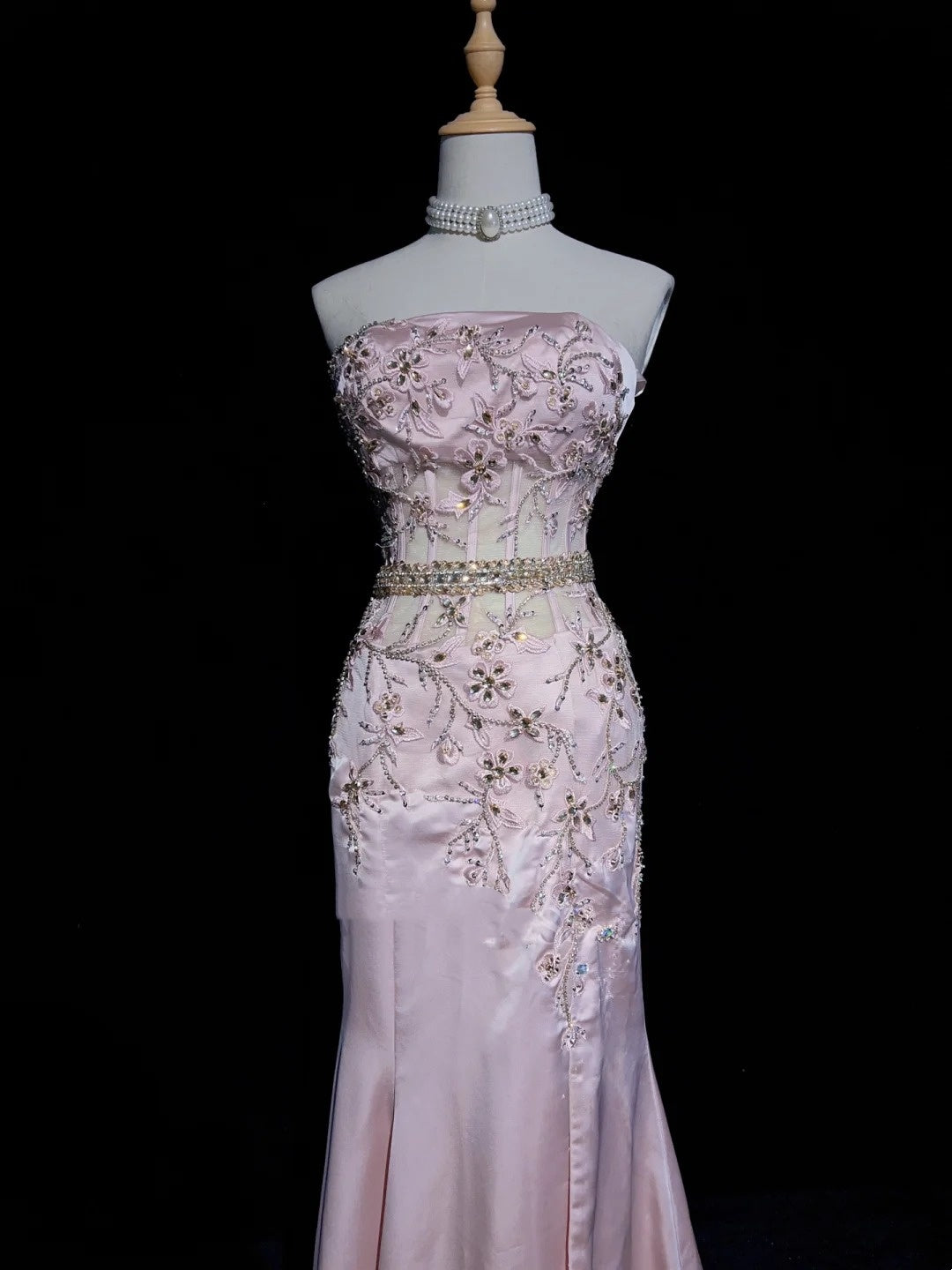 Vintage Prom Dresses 80s Mermaid Strapless Pink Satin Applique Long Formal Evening Outfits N3480