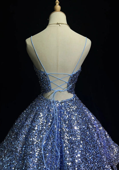 Pretty Ball Gown Spaghetti Strap Blue Sequin Short Mini Homecoming Dresses N2440