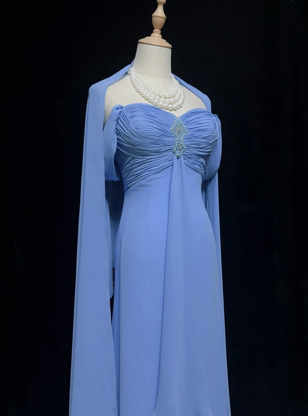 Vintage Prom Dresses A line Off The Shoulder Blue Chiffon With Beading Cape 1970s Long Formal Gown N2612