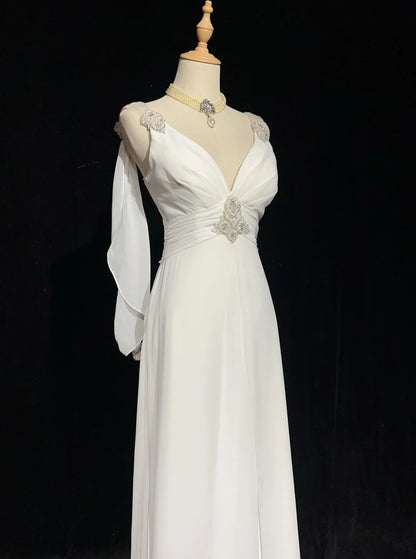Modest Wedding Dresses A Line V Neck Chiffon Beach Summer With Beading Long Brides Gown N2999