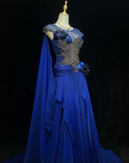 Classy Prom Dresses A Line Scoop Royal blue Chiffon Lace With Beading Long Formal Gown N2916