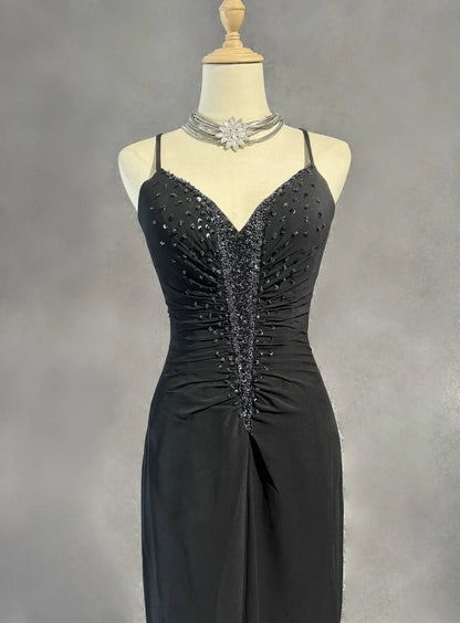 Vintage Prom Dresses Mermaid Spaghetti Strap Black Tie Dress Chiffon 70s With Beading Backless Long Formal Gown N2520