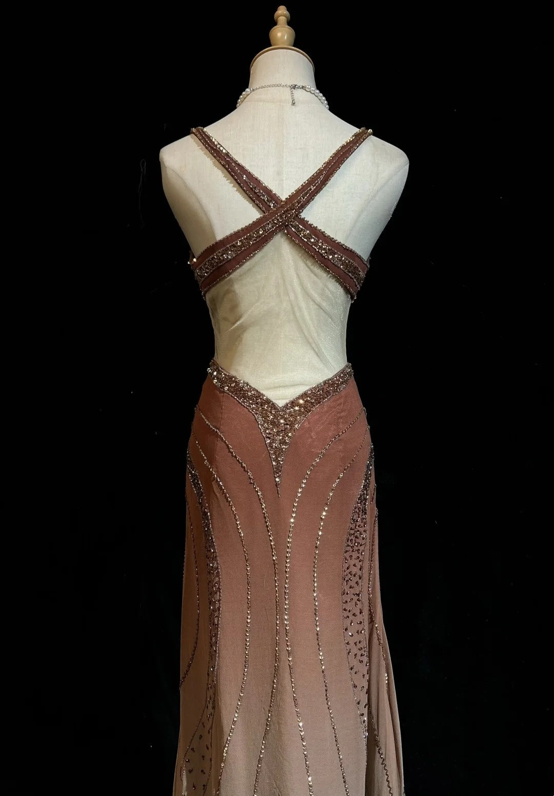 Vintage Prom Dresses 80s A Line Straps Brown Backless Chiffon Long With Beading Evening Formal Outfits RB5134