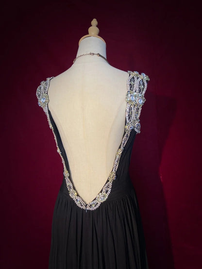 Vintage Prom Dresses 80s A line V Neckline Black Tie Dress Backless Chiffon Evening Outfits N3473